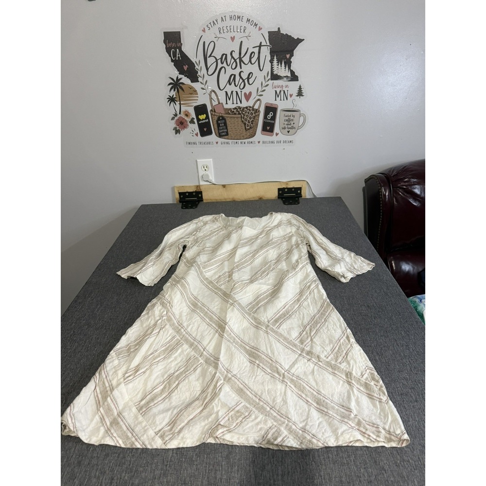 Soft Surroundings Women's Equinox Striped Linen Dress Neutral White Sz L Coastal